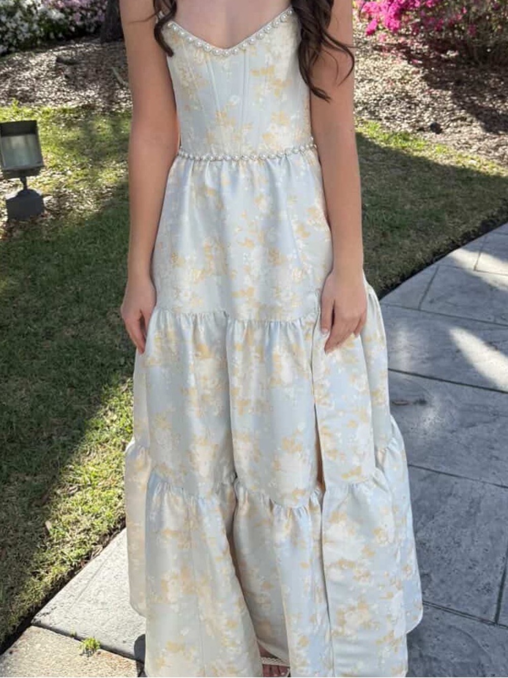V. Chapman Ivory and Gold Floral Strapless Prom Dress